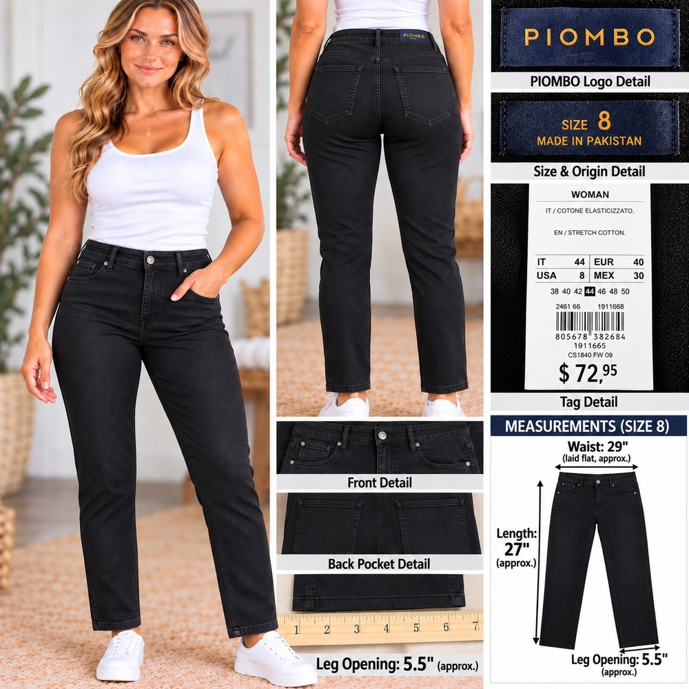 Piombo Womens Black Cotton Straight Leg Jeans Size 8 NWT
